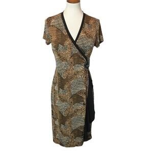 Milano Faux Wrap Dress Brown Animal Print Slinky Knit Size Small Mobwife Edgy